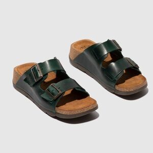 FLY LONDON Green‎ Leather Double Buckle Slide Sandal Size 9 Petrol Bridle